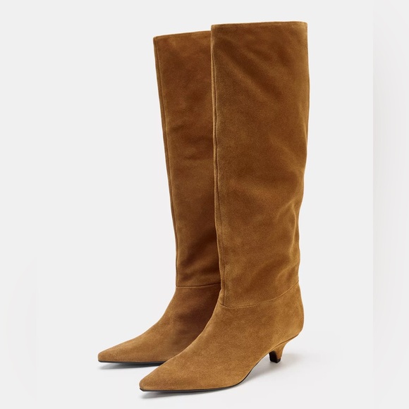 Zara NWT 100% Leather Suede Kitten Heel Wide Leg Knee Boots Pointed Toe 37 / US - Picture 2 of 16